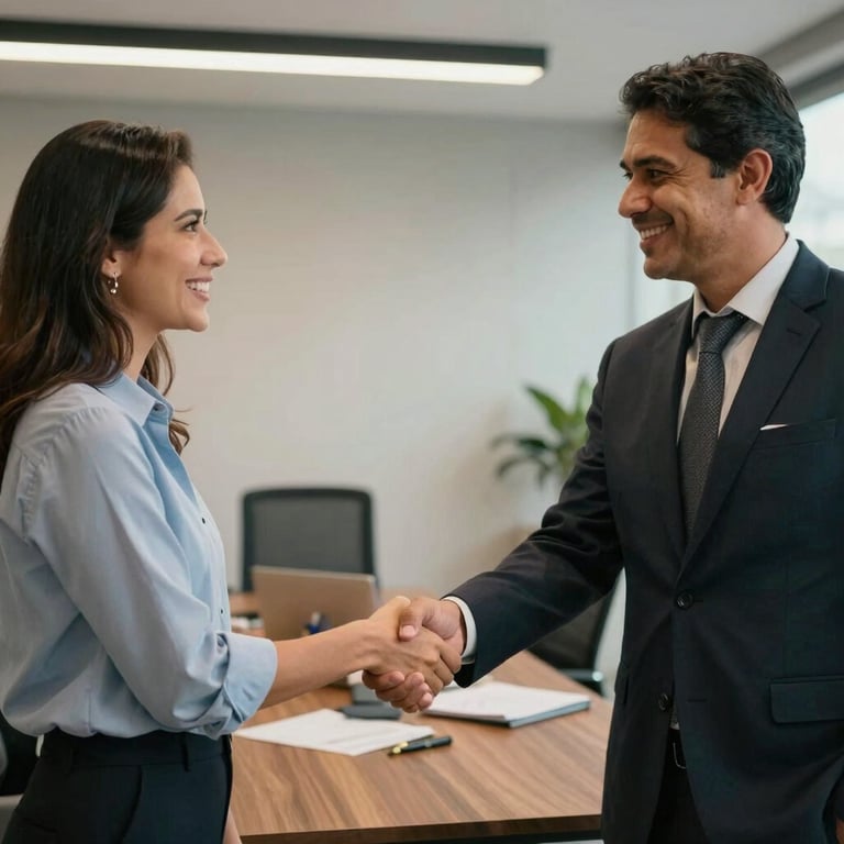 Two professionals in a South American / Brazilian office setting shaking hands in a sign of partnership.