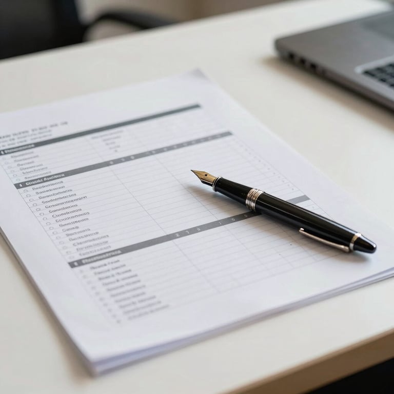Close-up of financial reports and a fountain pen on a clean Cloud White desk in a South American / Brazilian office.