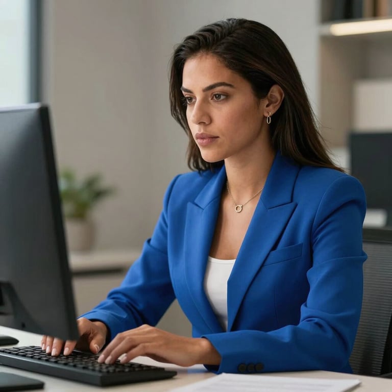 A professional South American / Brazilian woman in a Steel Blue blazer working focused at her desk.