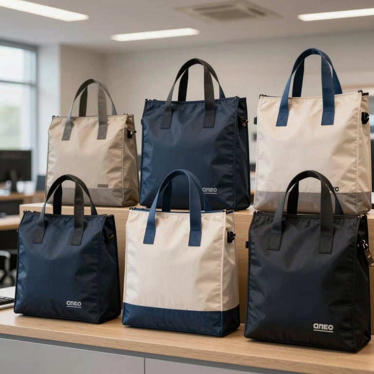 A collection of promotional items including branded bags and accessories in a corporate showroom.