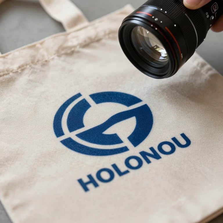 Detailed macro shot of a company logo being screen-printed onto a canvas tote bag.