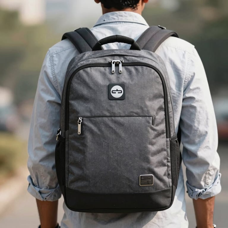 A South Asian / Indian professional carrying a customized laptop backpack with a visible company logo.