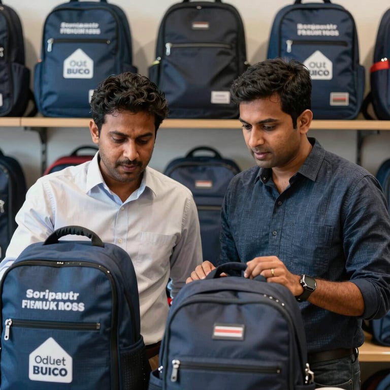 Two South Asian / Indian entrepreneurs discussing branding options over a display of customized backpacks.