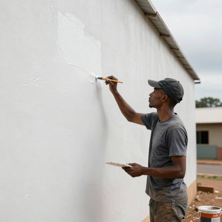 A professional painter applying soft white weather-resistant paint to a large commercial exterior in a Southern African town.