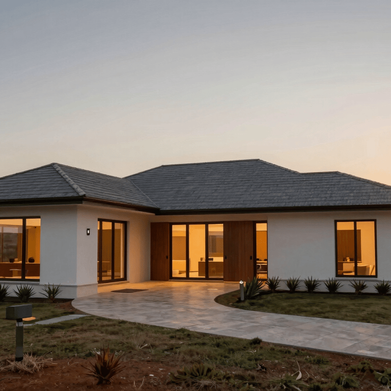 A wide-angle shot of a newly paved residential driveway with jet black and soft white patterns in a Southern African suburban neighborhood.
