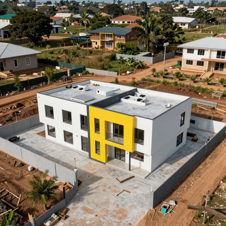 An aerial view of a clean, finished construction site in Makhanda featuring a modern house with vibrant yellow architectural accents.