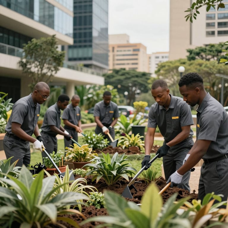 A professional team in charcoal grey uniforms landscaping a lush, green corporate garden in a Southern African city estate.