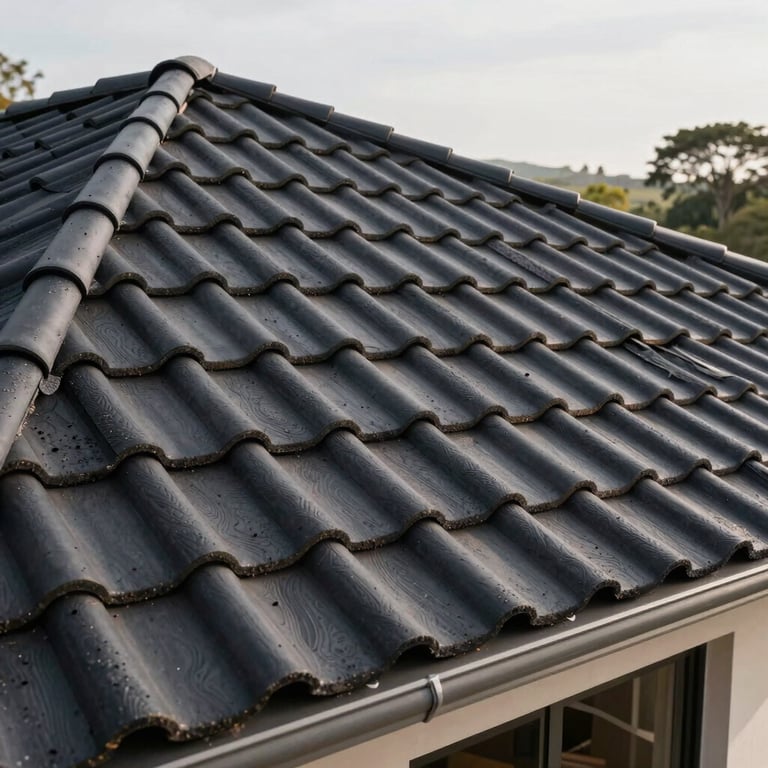 Close-up of premium roof tiling with jet black tiles being meticulously installed on a luxury house in a Southern African setting.