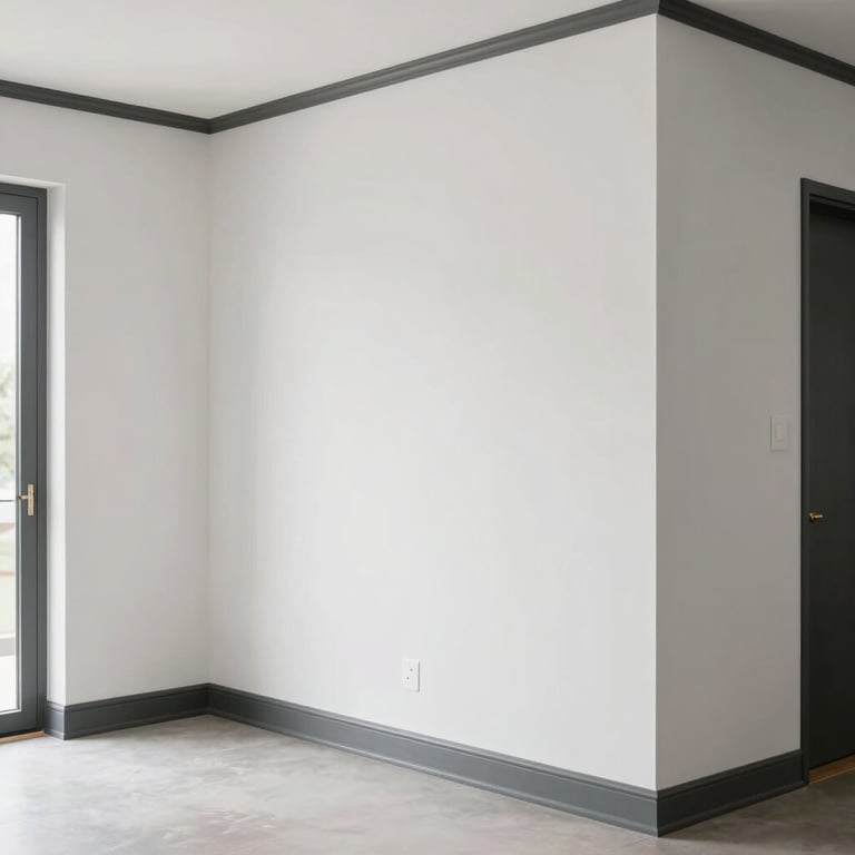 A brightly lit interior showing perfectly skimmed soft white walls and charcoal grey trimmings in a modern Southern African home.