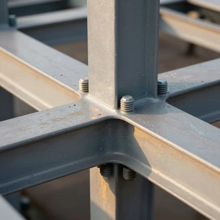 A close-up of heavy structural steel joints and bolts, high-contrast daylight, clean architectural lines, gold light reflections