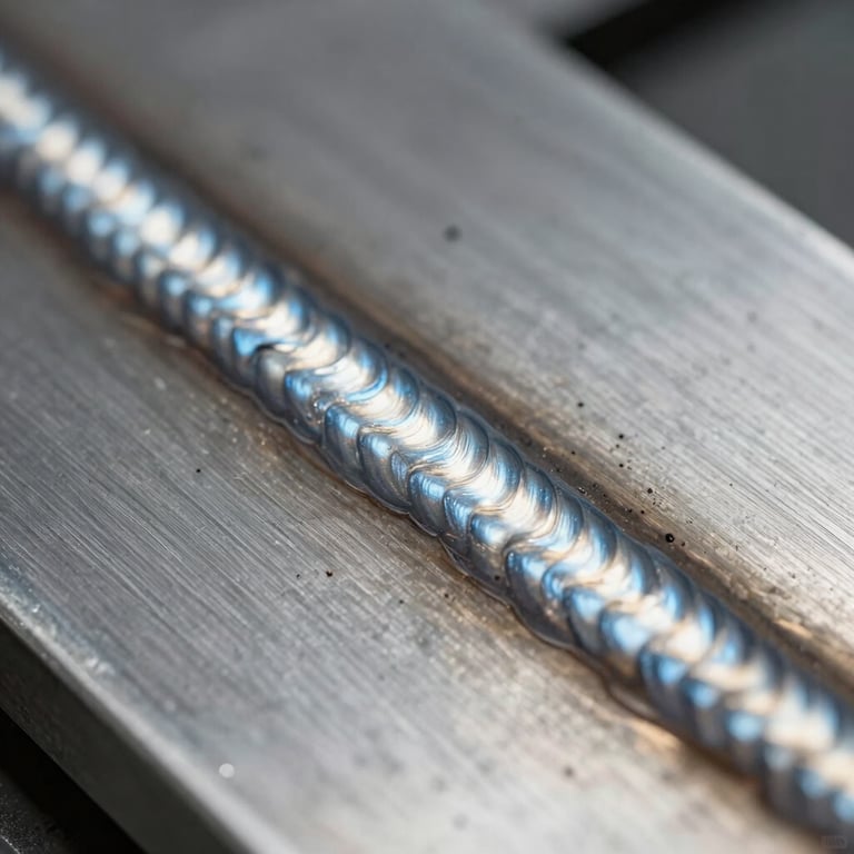 Macro shot of a flawless, uniform TIG weld bead on stainless steel plate, silver metallic luster, cool blue highlights.