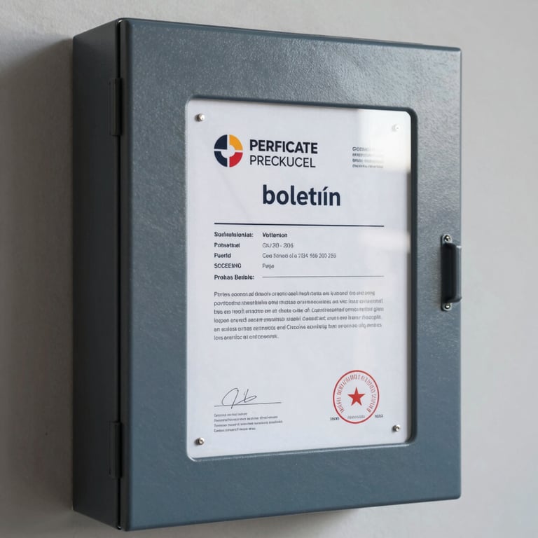 Close-up of a professionally installed electrical certificate (boletín) next to a modern, safely mounted electrical panel in a Slate Navy and Silver-Blue color scheme.