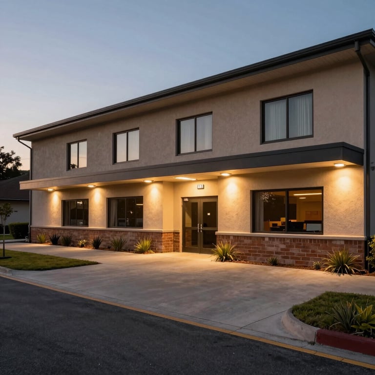 A wide shot of a community building exterior at dusk, beautifully illuminated by professional outdoor lighting installed by the VC Soluciones team.