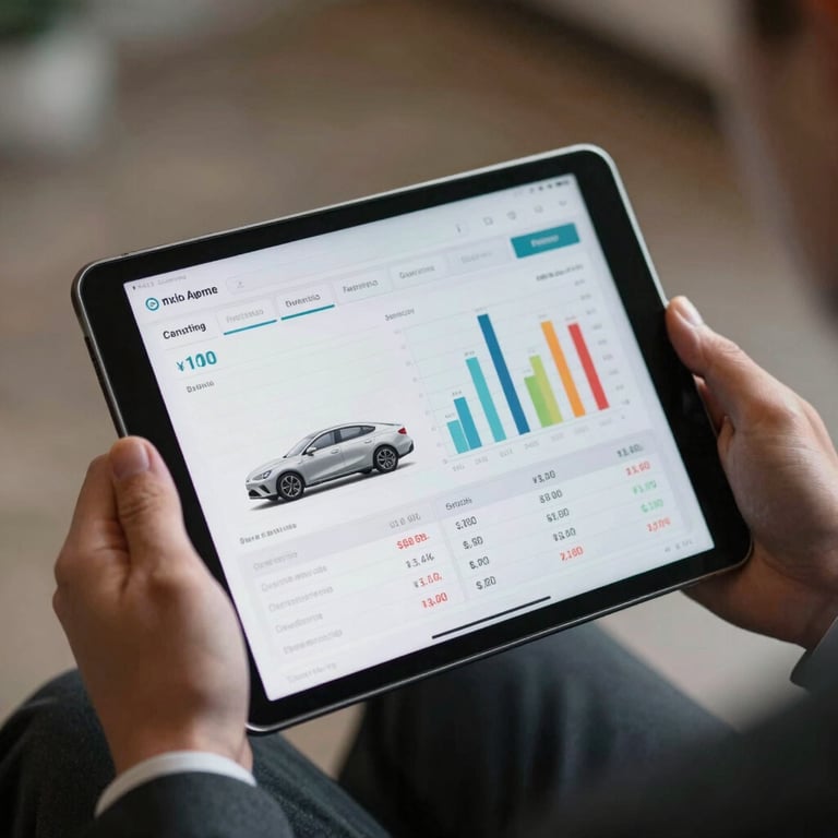 A close-up of a tablet screen showing data-driven car pricing charts, held by hands in professional attire.