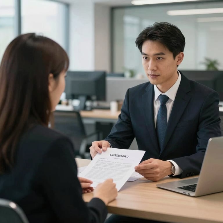 A professional interaction between a dealer and a customer over a digital contract in a high-tech office environment.