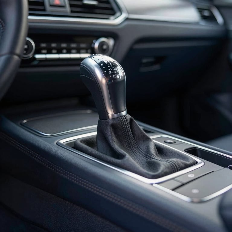 A close-up shot of a luxury car's gear shift and dashboard, featuring Steel Blue and Dark Slate Navy interior details, soft ambient lighting.