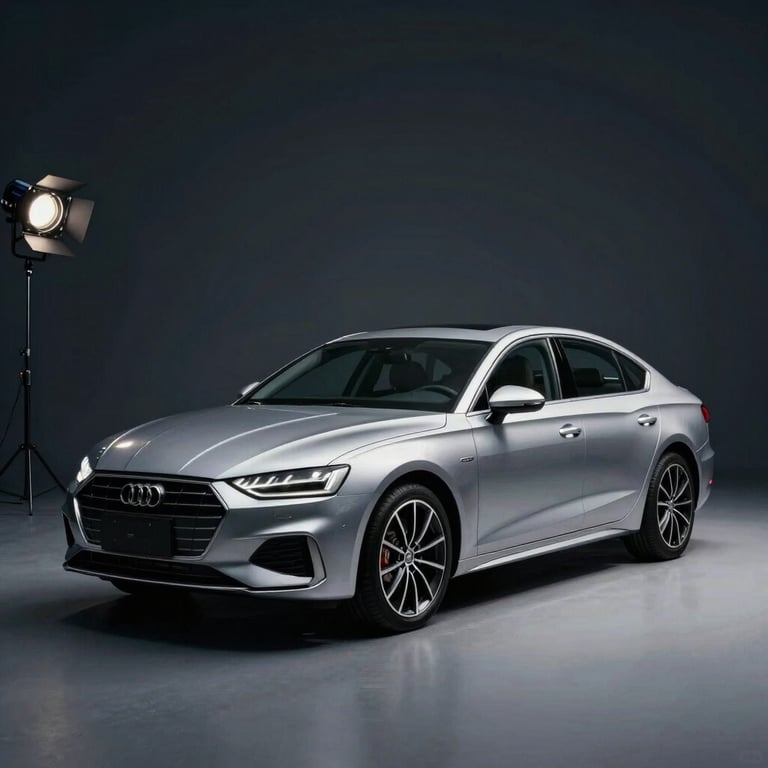 A sleek silver sedan parked in a professional studio setting with professional studio lighting and Dark Slate Navy shadows.