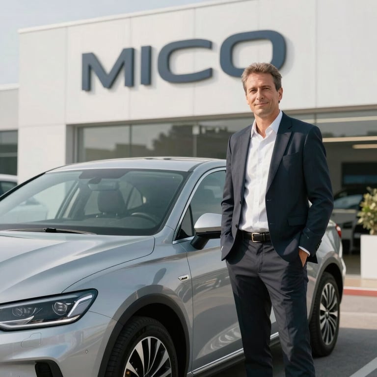 A satisfied buyer standing next to a clean, silver used car in a modern dealership with a Cloud White architectural background.