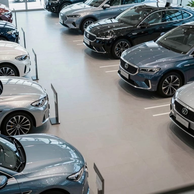 An overhead view of a clean, organized automotive showroom floor with premium cars, featuring a Soft Silver Blue tint.