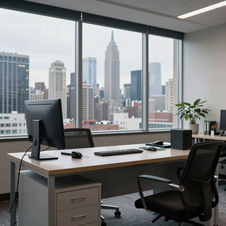 A clean, professional workspace in a US city skyscraper with a view of the skyline.