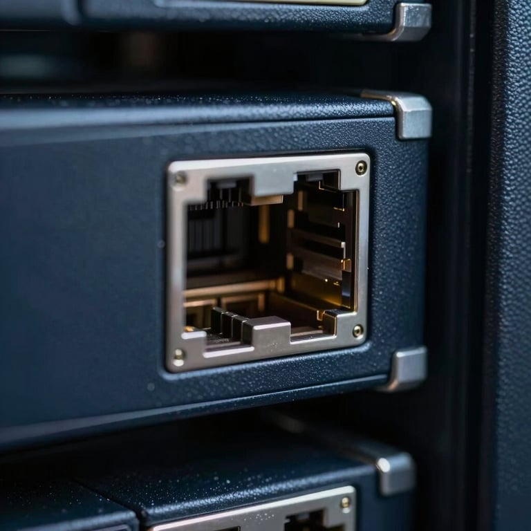 Macro photography of a secure network hardware port in a dark navy server room.