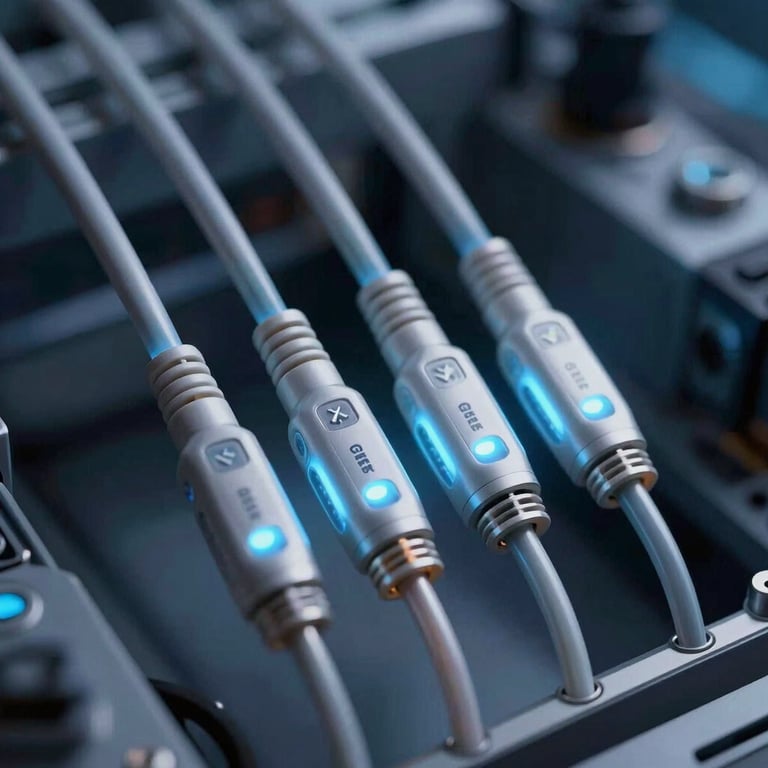 Sleek, modern fiber-optic cables illuminated by soft light blue light in a tech facility.