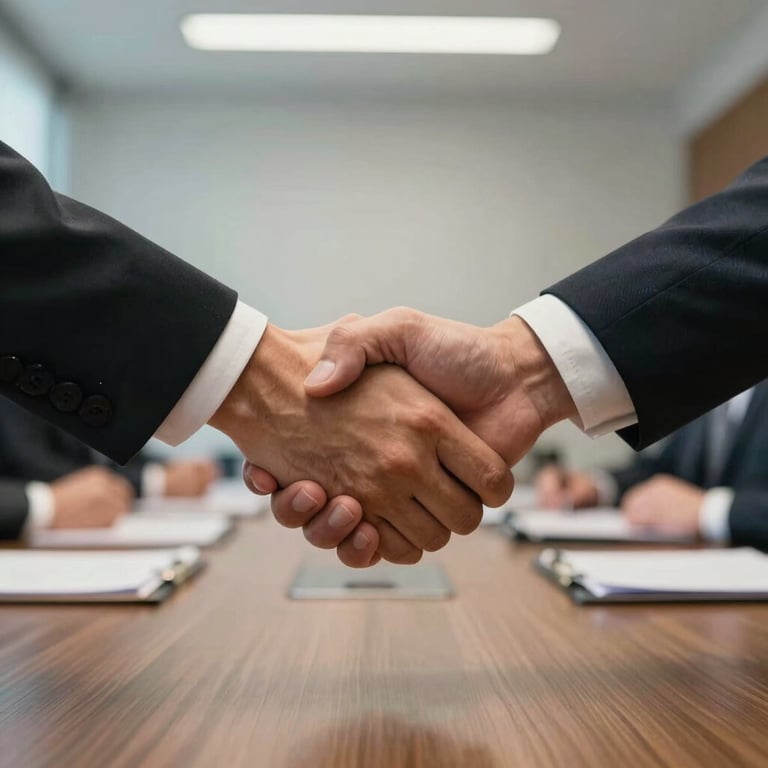 Close-up of a professional handshake in a boardroom, symbolizing a successful consulting partnership.