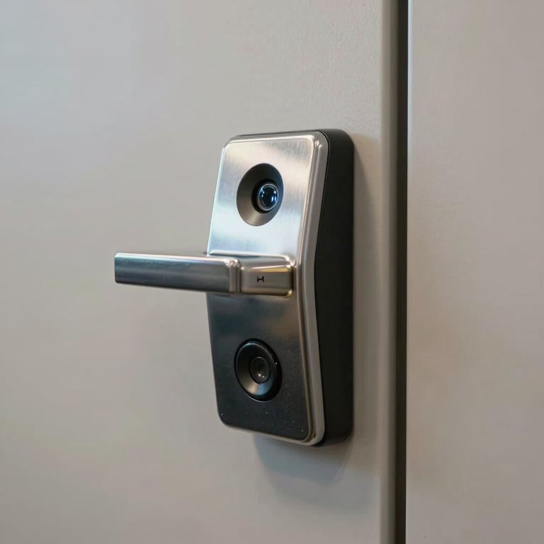 Detail of a security keycard reader on a minimalist office door, reflecting a sense of safety.