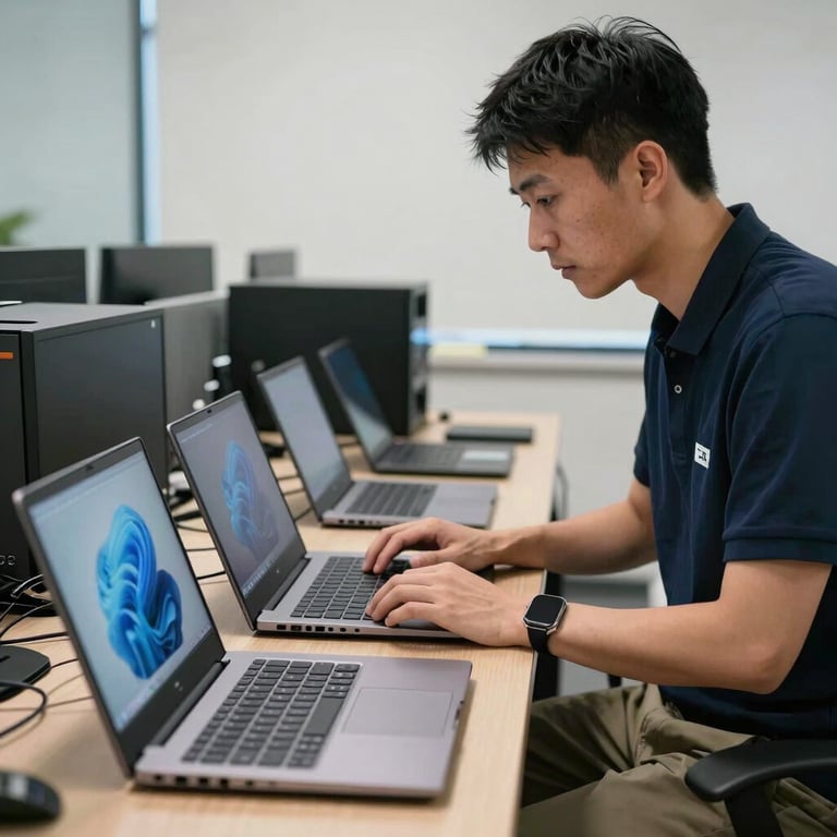 A technician in a North American office setting preparing a fleet of new laptops for a Windows refresh.