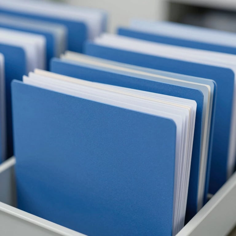 Neatly stacked blue folders in a modern filing system, conveying organization and reliability.