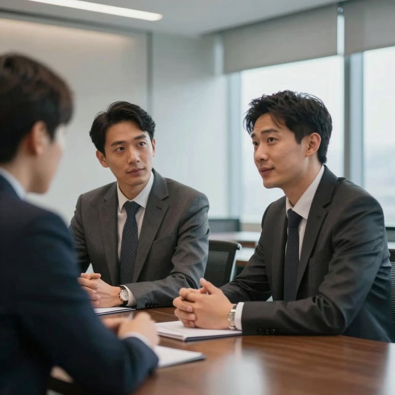 Two business partners discussing strategy in a high-end meeting room with professional lighting.
