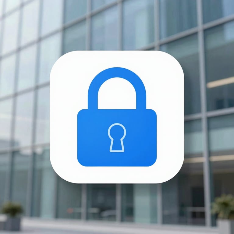 A digital security icon representing data protection, integrated into a sleek glass office background.