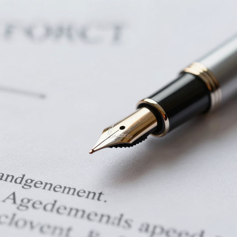 A macro shot of a fountain pen resting on a financial contract, symbolizing formal agreements and professionalism.