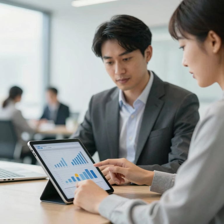 A professional financial consultant analyzing data on a tablet in a bright, modern corporate environment.