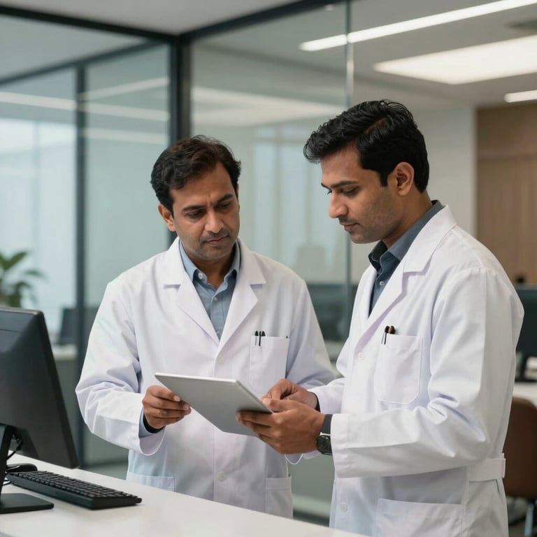 A South Asian / Indian pharmacist consulting with a colleague in a high-end corporate office setting with glass walls and minimalist decor.