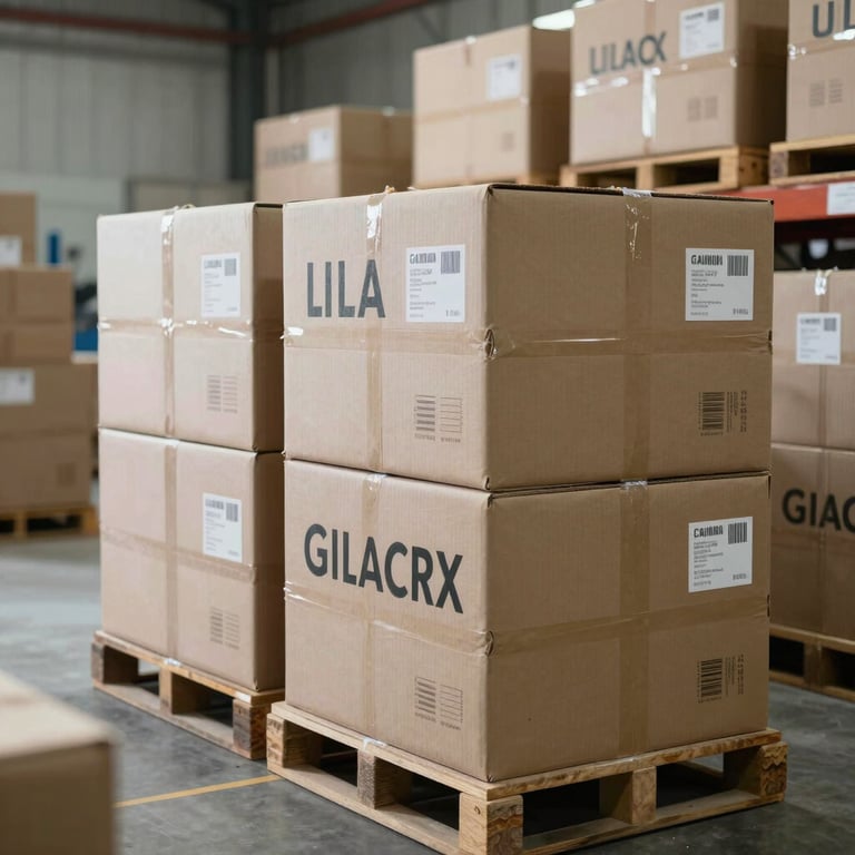 A clean and organized distribution warehouse in Bangalore showing pharmaceutical crates ready for shipping, captured in soft daylight.