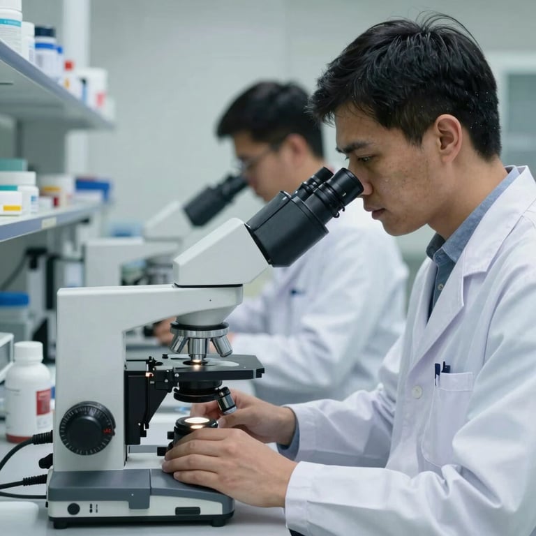 A detailed shot of pharmaceutical researchers using advanced microscopes in a clean, modern lab facility in Bangalore.