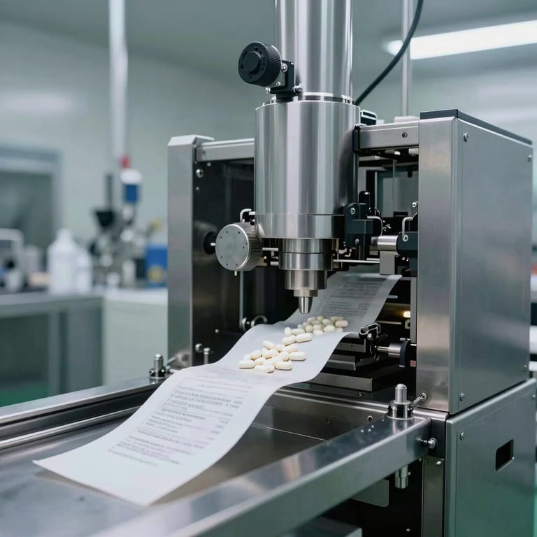 High-tech automated pharmaceutical machinery packaging tablets in a sterile factory environment with steel surfaces and bright lighting.