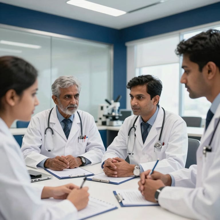 A group of South Asian / Indian medical researchers in professional attire discussing data in a bright, modern corporate boardroom with navy blue accents.
