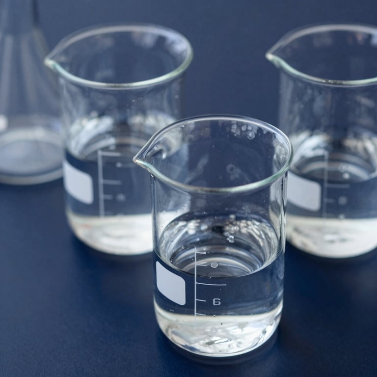 Macro photography of laboratory glassware and beakers containing clear liquids on a dark navy blue surface, conveying precision.