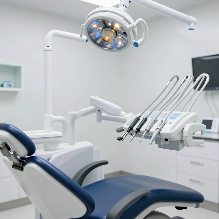 A bright, welcoming dental clinic room bathed in soft teal and dental blue hues, with Dr. Sandesh S Kumar smiling warmly.