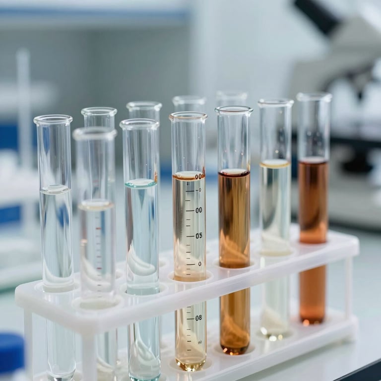 A series of water quality testing tubes containing clear and tinted samples in a bright lab.