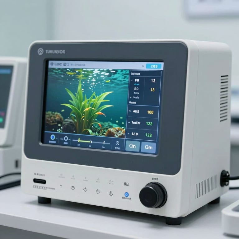Modern digital testing equipment displaying aquatic health data in a clean environment.