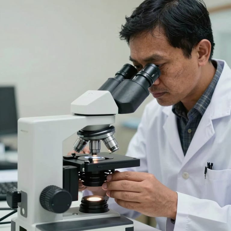 Southeast Asian / Indonesian researcher in a white lab coat using a high-precision microscope.