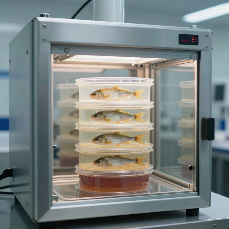 A high-tech incubator used for cultivating fish health bacterial cultures in a sterile room.