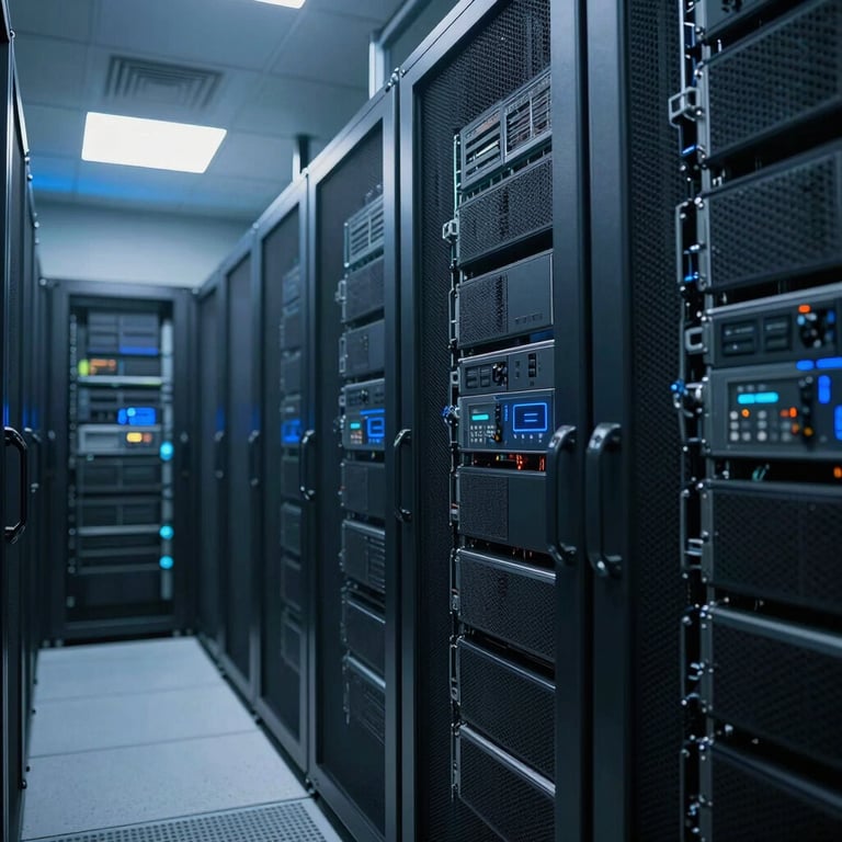 Internal view of a clean data center room with Sky Blue lighting, representing the robust database backend for the aquaculture portal.