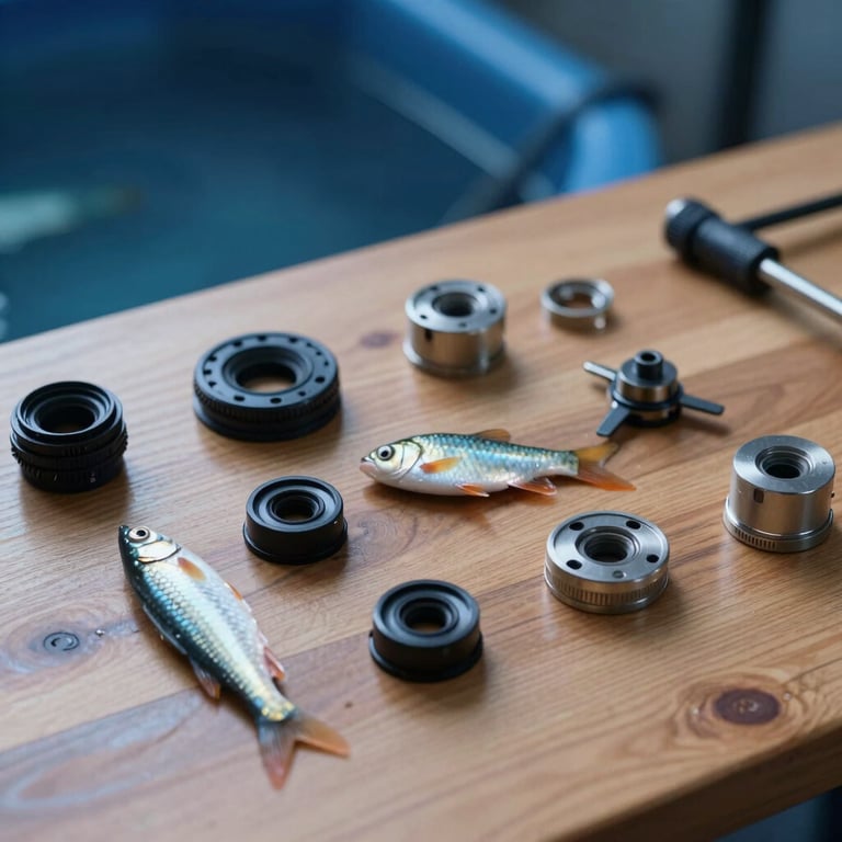 Macro shot of fish farming technology components on a wooden table, professional photography with Deep Blue tones.