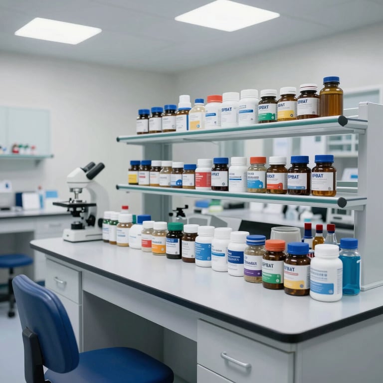 The bright and organized interior of the BPBAT nutrition laboratory with deep blue accents.
