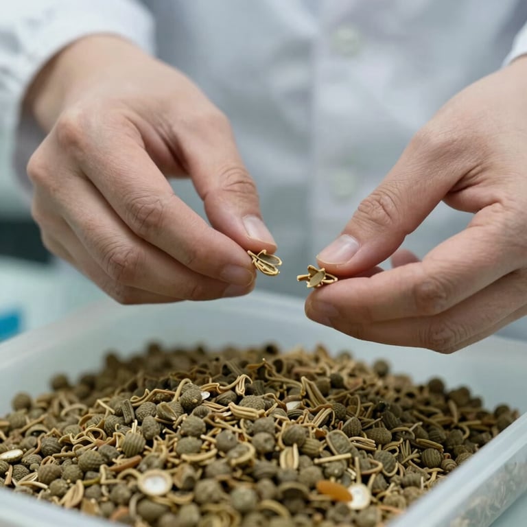 Close-up of a technician's hands handling fish feed samples for nutritional analysis.