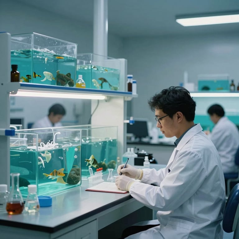 Interior of a modern fish health laboratory in Indonesia with white and aqua green equipment.